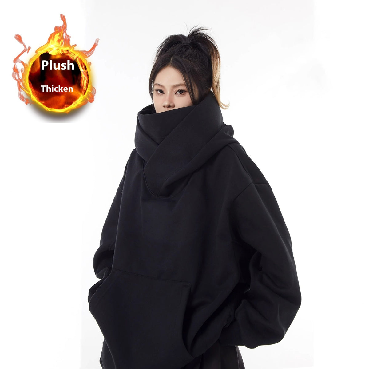 Fleece-Lined High Collar Hoodie