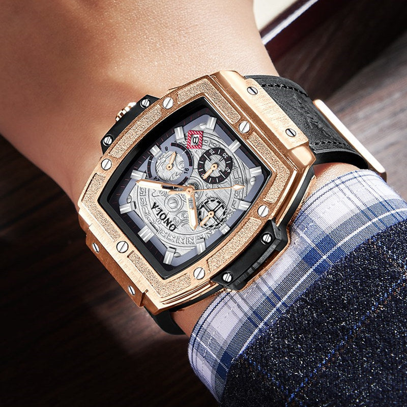 Multifunctional Men's Waterproof Quartz Watch with Leather