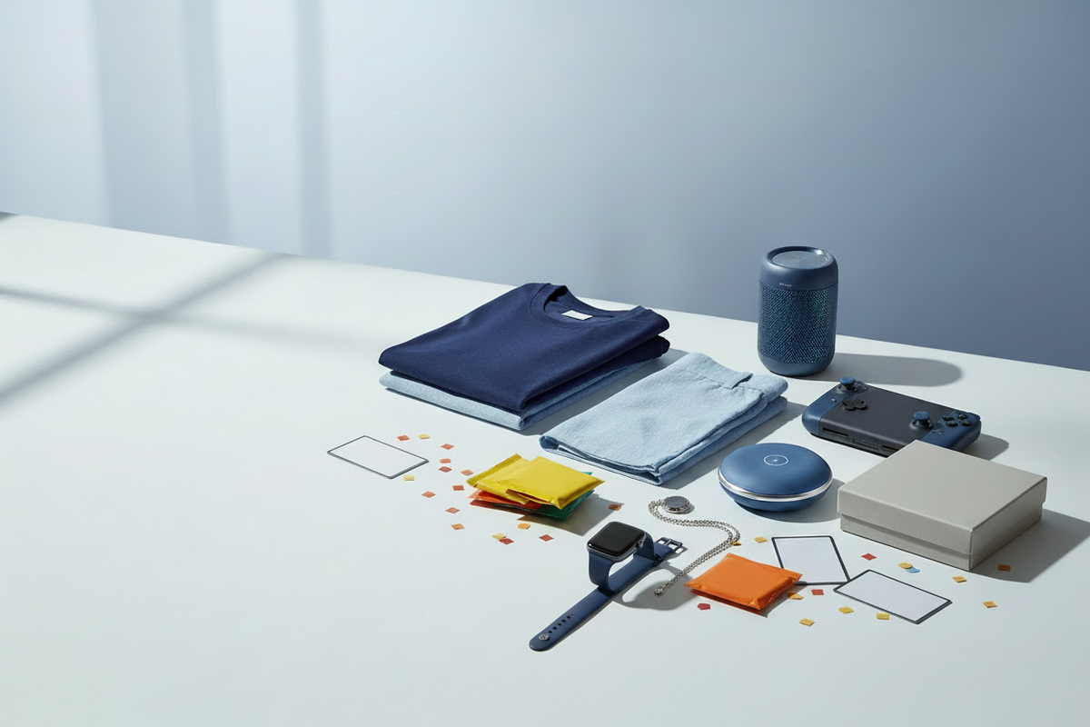 Blue essentials hero with smart watch, chain, cards and gadgets