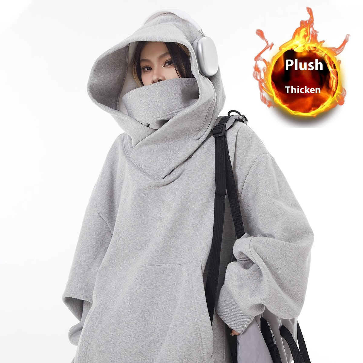 Fleece-Lined High Collar Hoodie